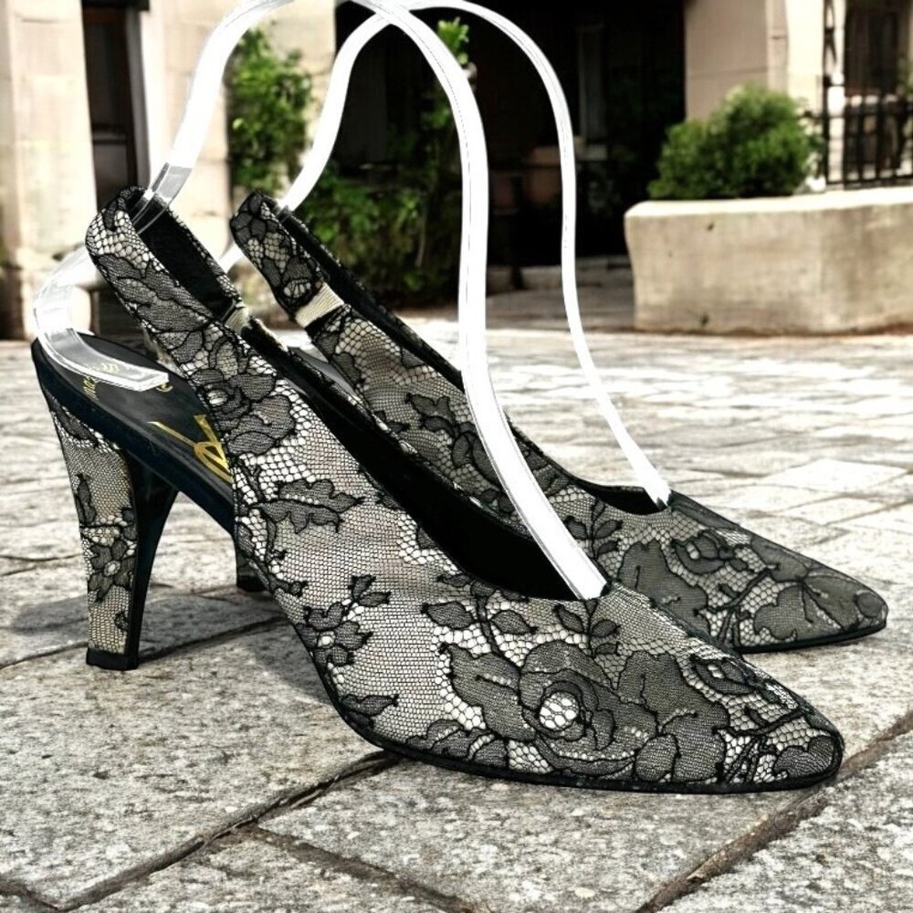 Vintage YSL Black Lace Slingback Pumps Size 7.5 Yves St Laurent - Picture 1 of 12